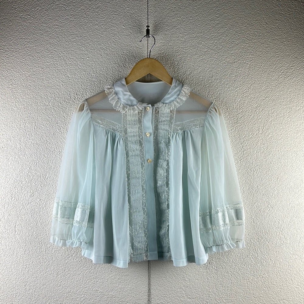 Vintage l 50s S Luxite Sheer Nylon Ruffle Lace Peter Pan Collar Pinup Bed Jacket
